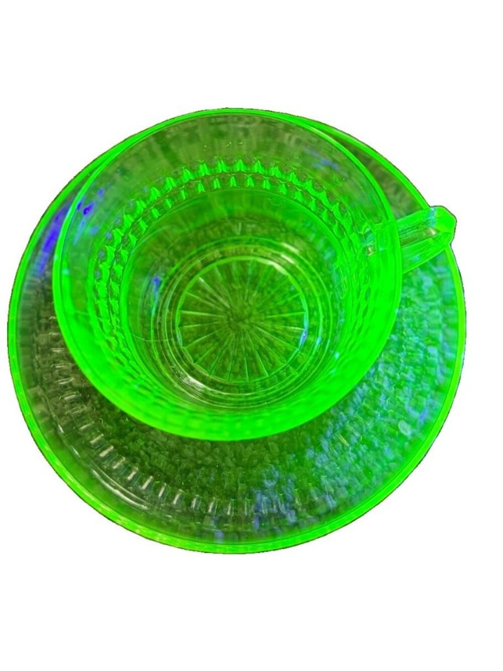 Vintage Green Depression Glass Cup & Saucer Set - Radiates Under UV Light